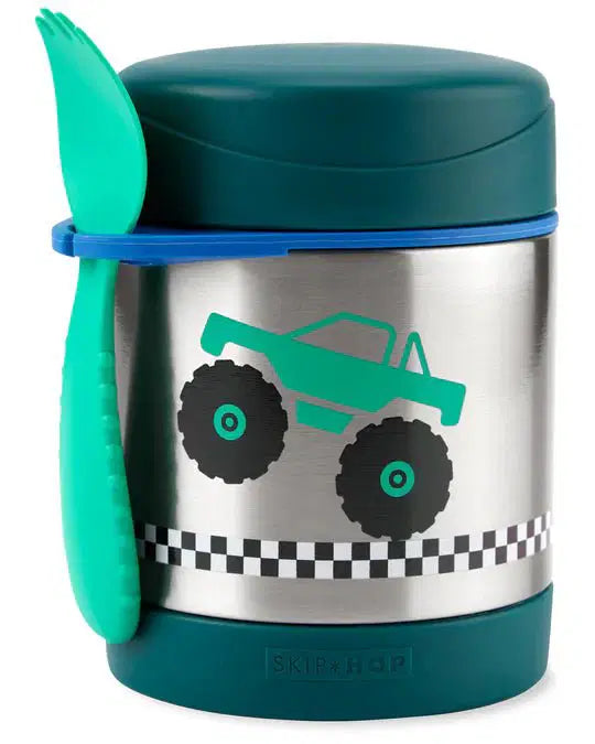 SKIP HOP SPARK STYLE INSULATED FOOD JAR WITHGREEN TRUCK DESIGN AND SILVER BACKROUND