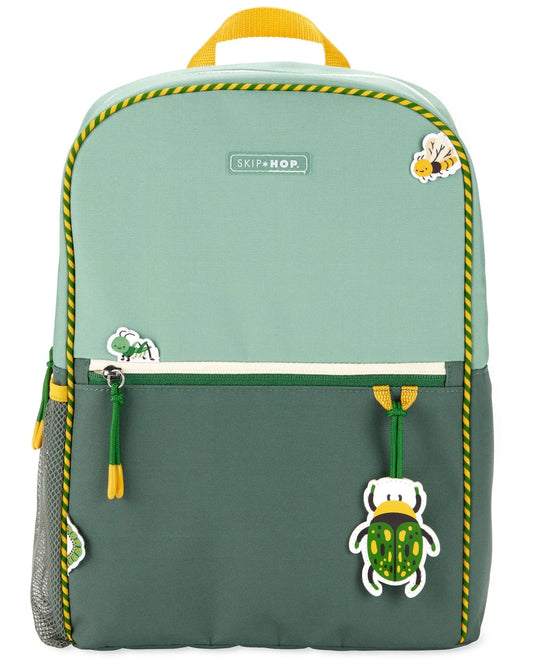 Skip Hop green kids backpack with bug patches, mesh side pocket, and yellow zipper accents