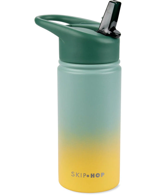 Skip Hop stainless steel kids drink bottle in pastel green and yellow with flip straw lid