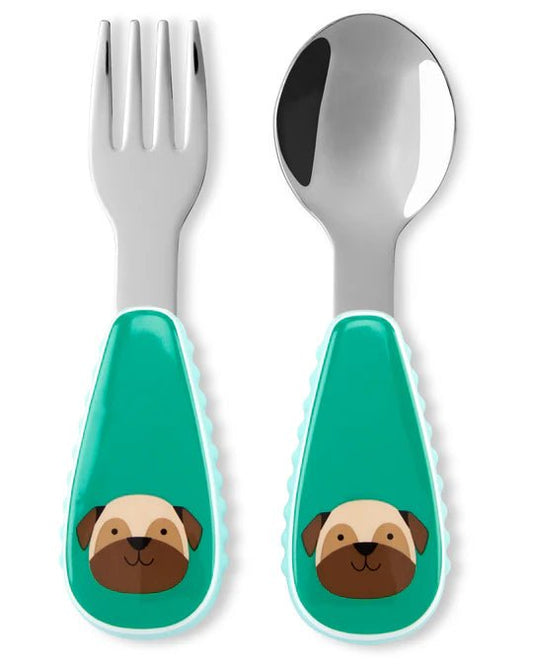 SKIP HOP SPOON AND FORK FOR KIDS WITH PUG DESIGNE ON GREEN BACKROUND