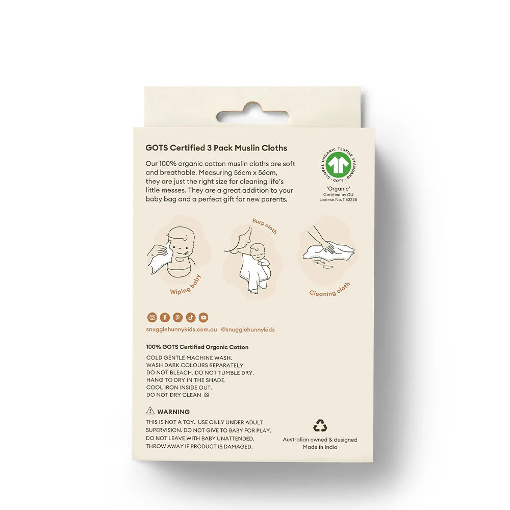 Snuggle Hunny Small Organic Muslin Cloths 3 Pack - Dragon/Milk/Baby Blue