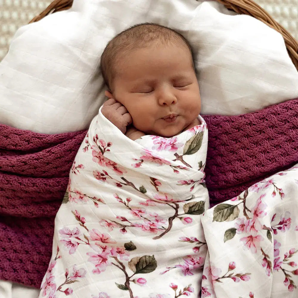 Snuggle Hunny Cherry Blossom organic muslin wrap in gift set