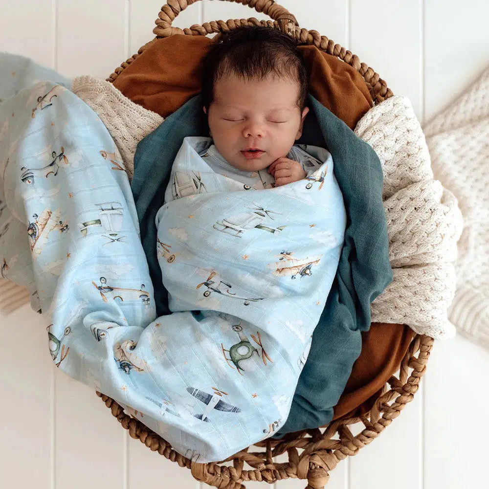 Snuggle Hunny Taking Flight organic muslin wrap in gift set