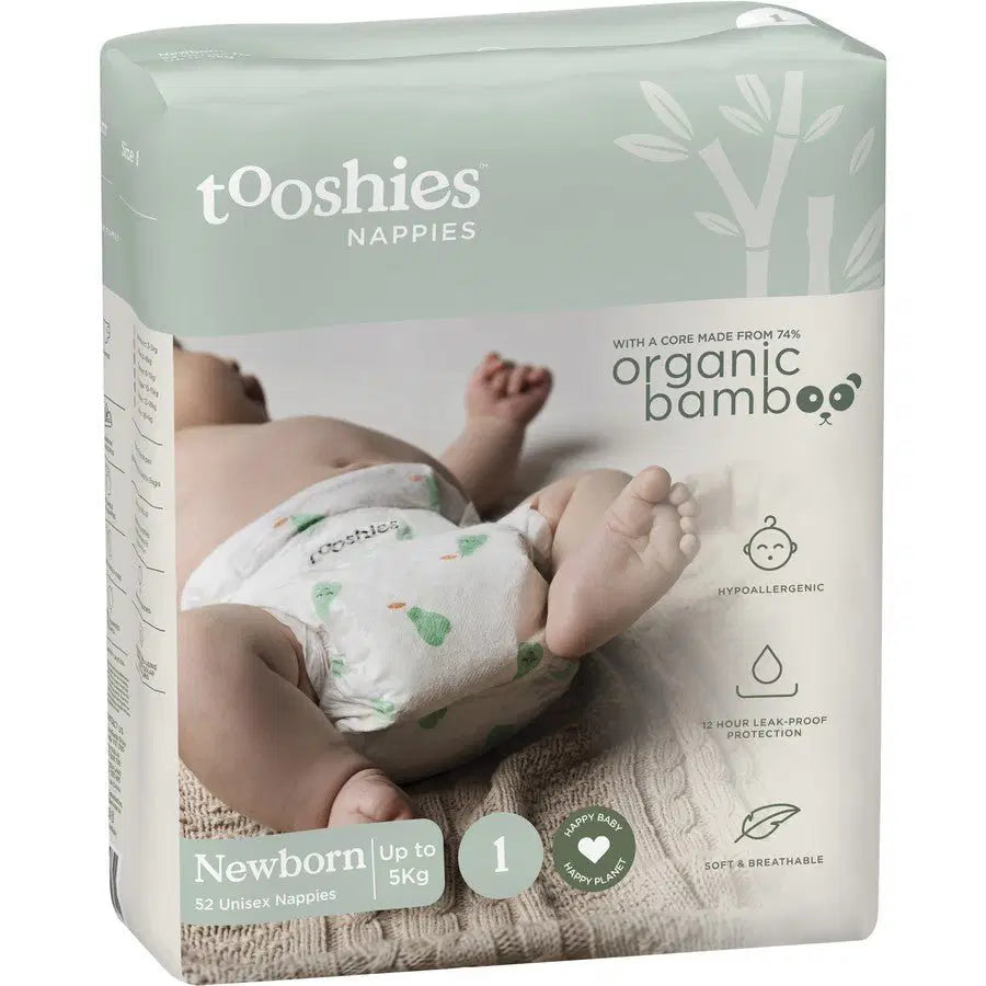 Tooshies 74% Organic Bamboo Nappies Size 1 Newborn 3 - 5kg 2x52pk - Bubs Universe