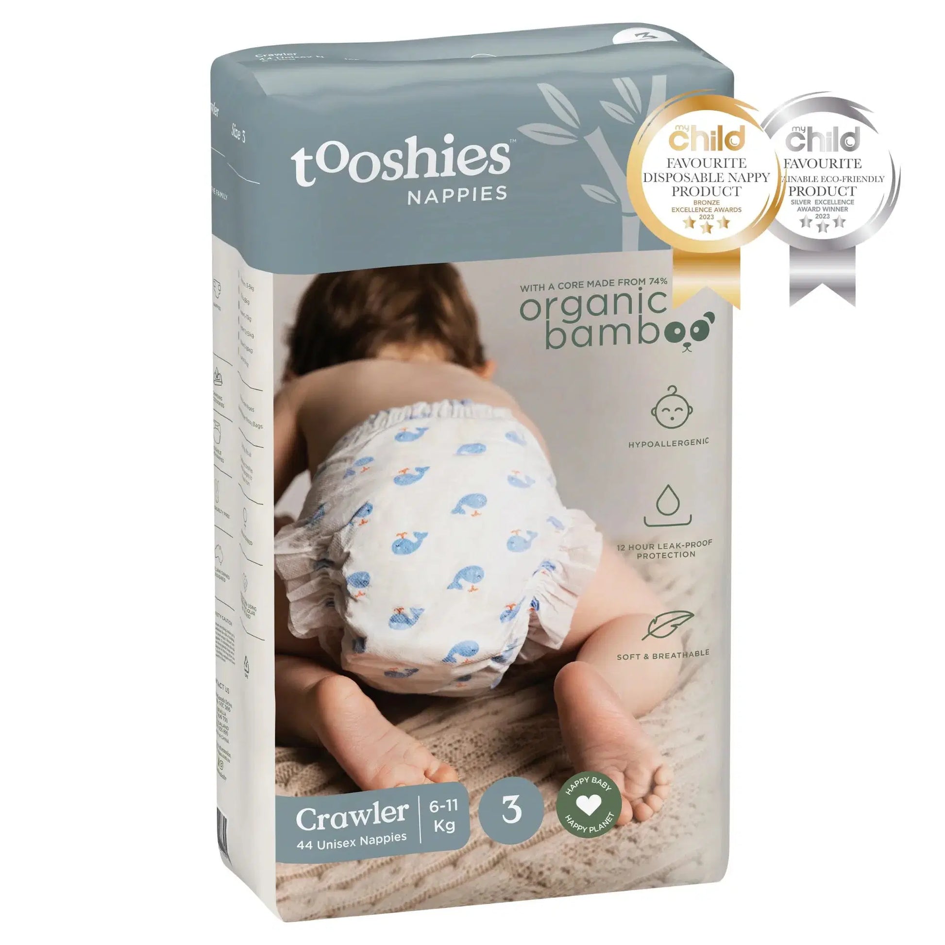 Tooshies 74% Organic Bamboo Nappies Size 3 Crawler 6 - 11kg , 2x 44pk - Bubs Universe